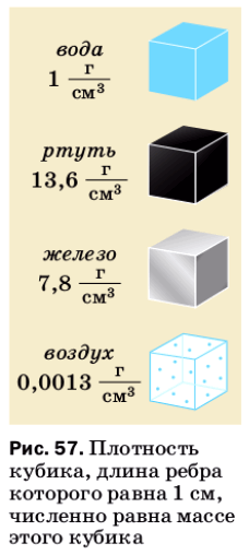 Рис. 57. Плотность кубика, длина ребра которого равна 1 см, численно равна массе этого кубика