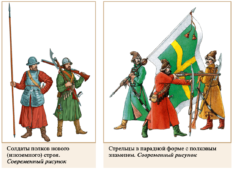 Солдаты полков нового (иноземного) строя. Современный рисунок. Стрельцы в парадной форме с полковым знаменем. Современный рисунок